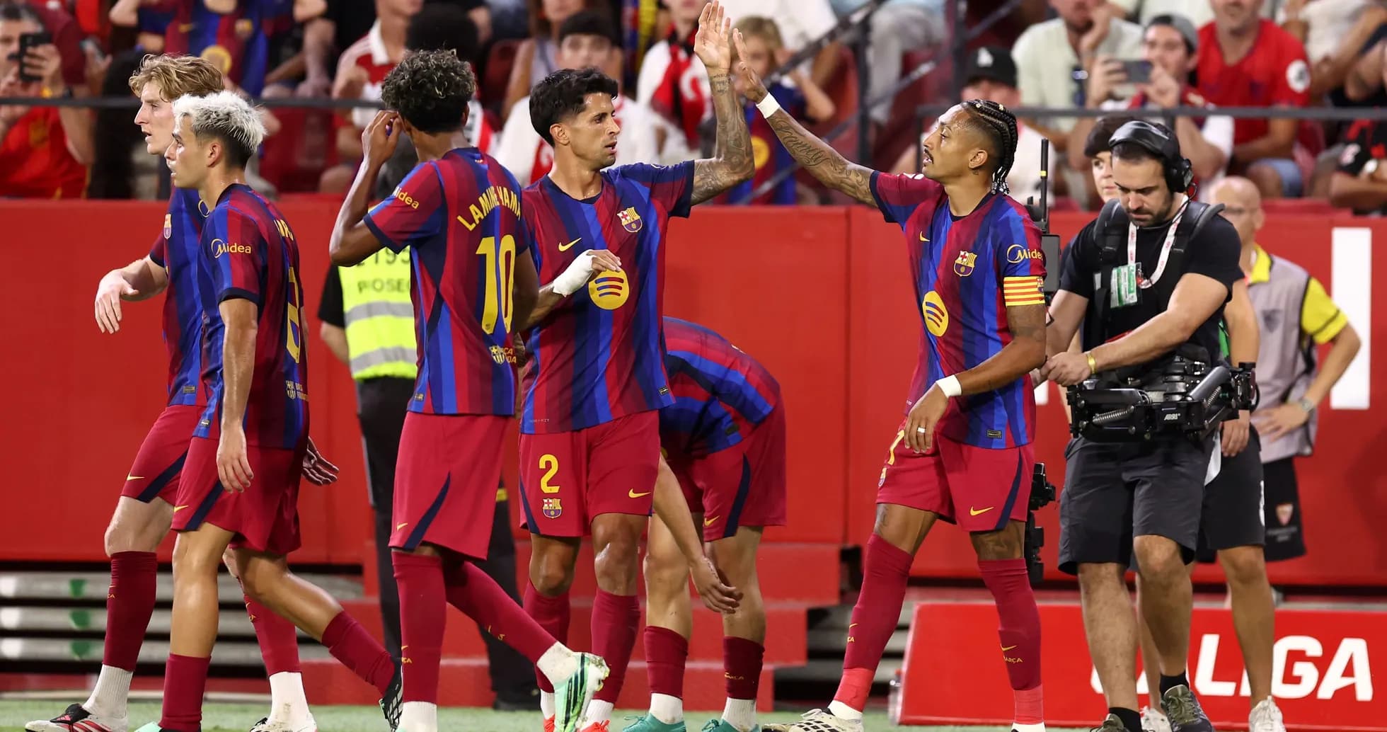 Barcelona players celebrating a goal during match Barcelona players celebrating a goal during match