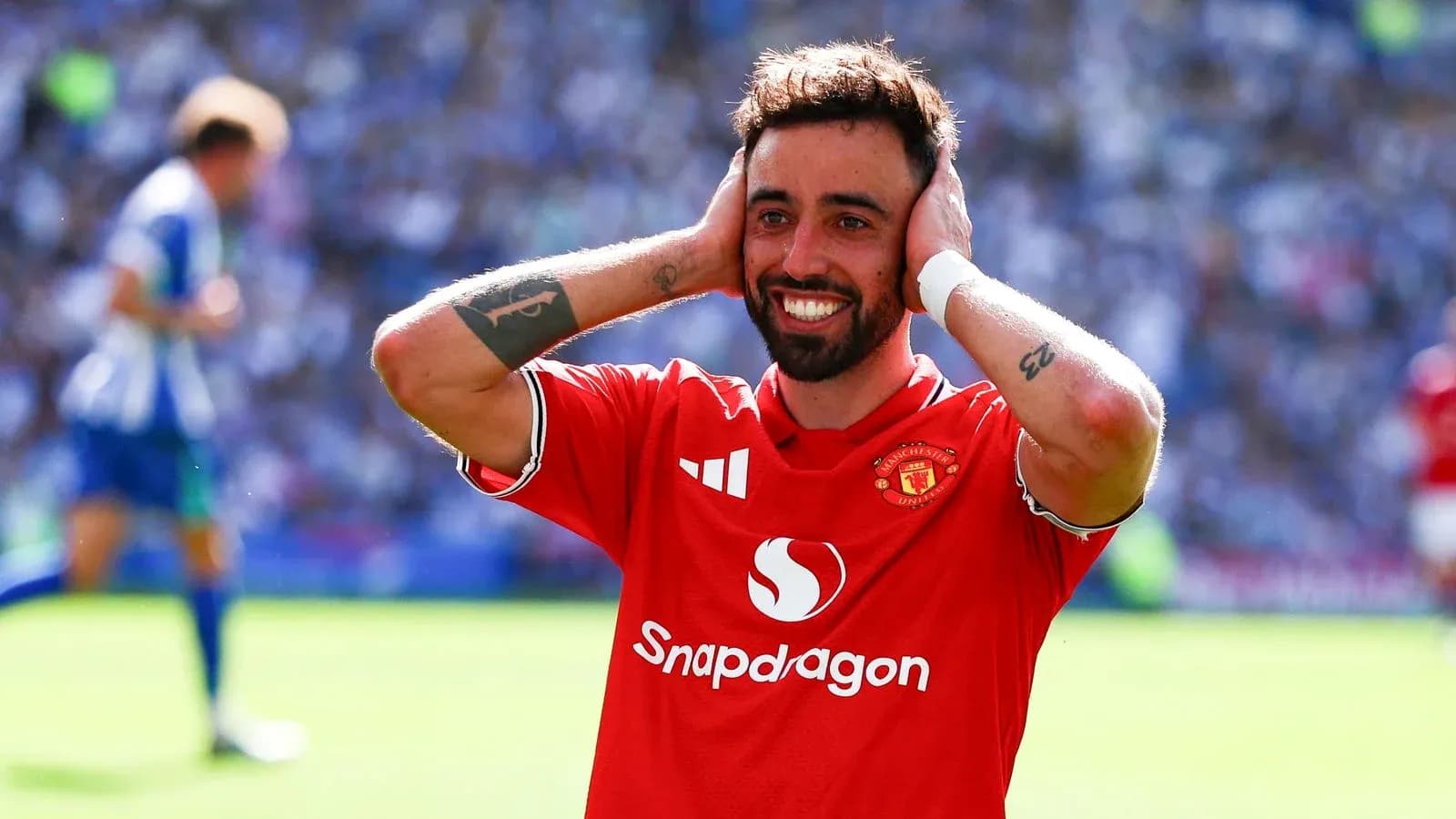 Bruno Fernandes celebrating in Manchester United jersey Bruno Fernandes celebrating in Manchester United jersey
