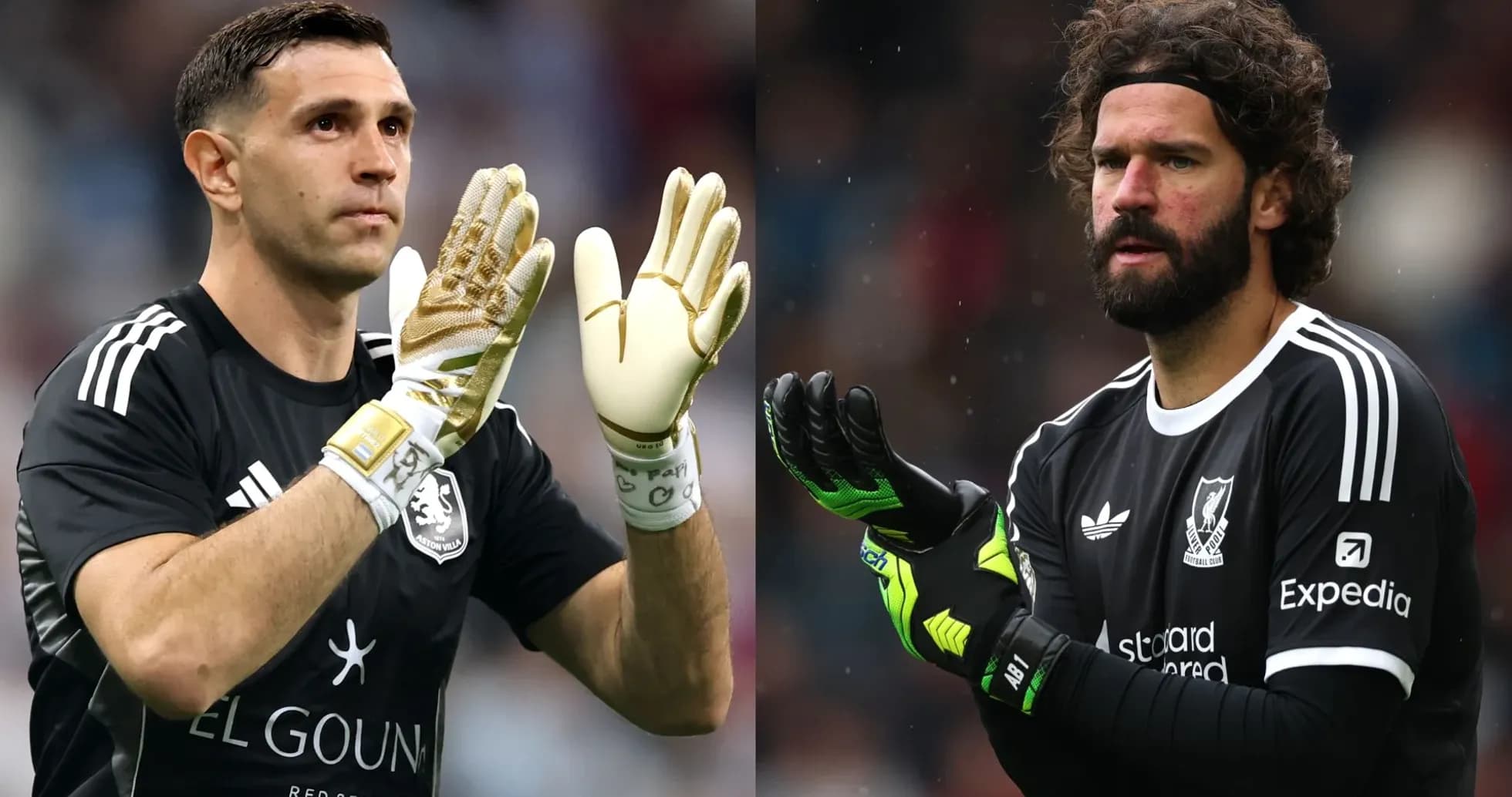 Two goalkeepers preparing for match, wearing gloves Two goalkeepers preparing for match, wearing gloves