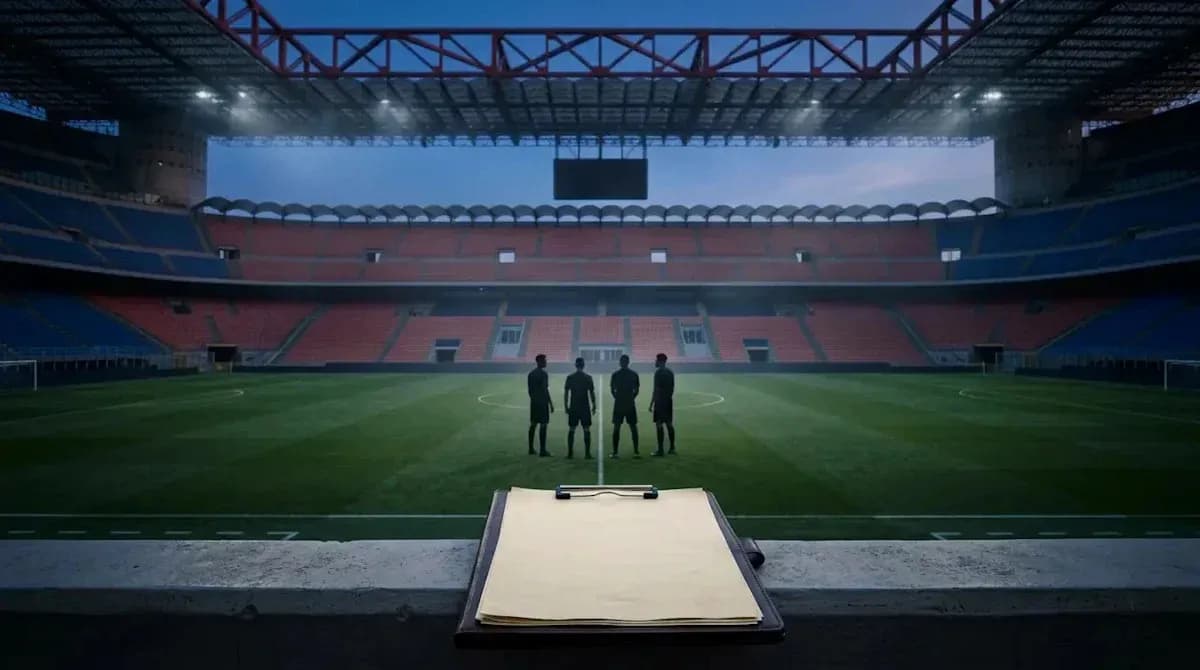 Referees discussing in empty stadium before match Referees discussing in empty stadium before match