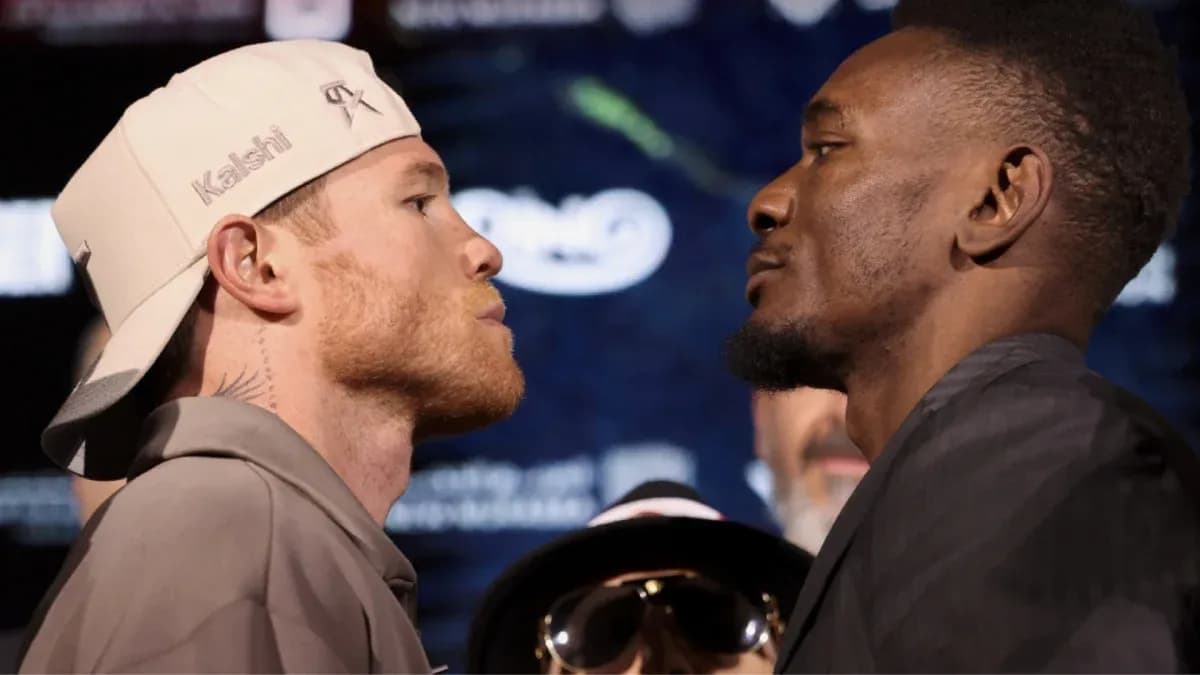 Two boxers facing off at pre-fight event Two boxers facing off at pre-fight event
