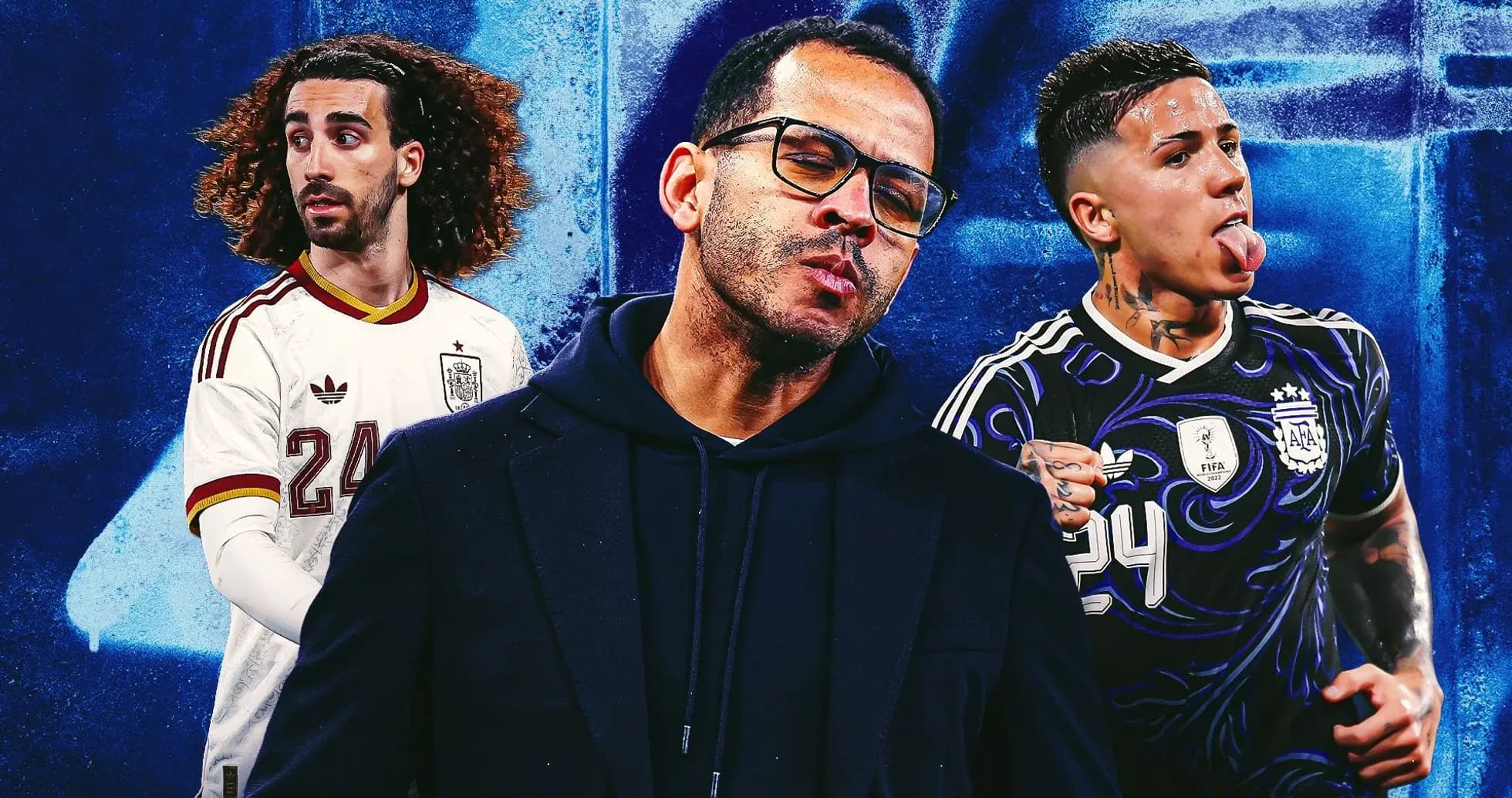 Three football players posing against a colorful background Three football players posing against a colorful background