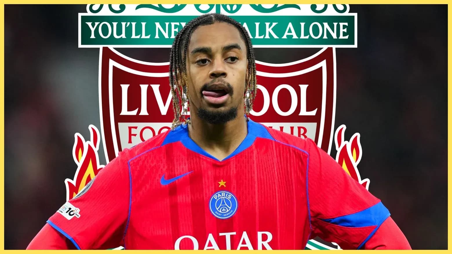 Player in PSG jersey with Liverpool logo background Player in PSG jersey with Liverpool logo background