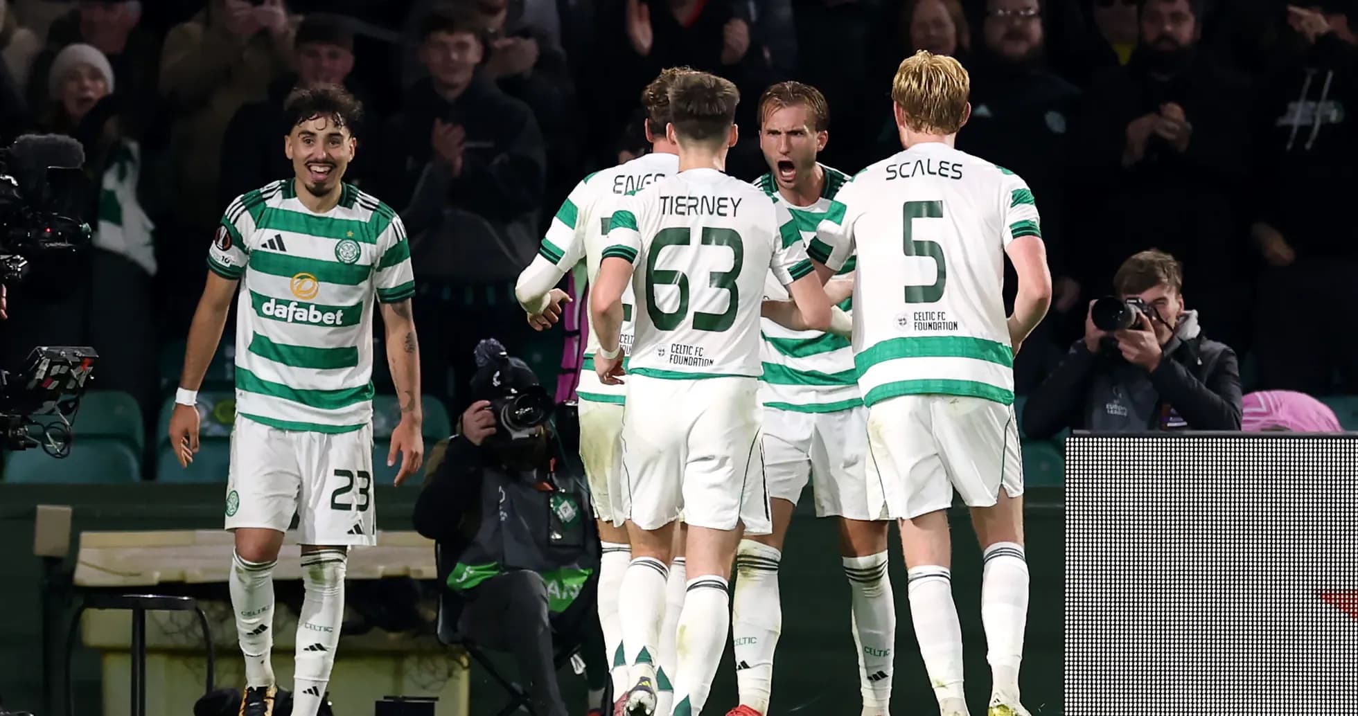 Celtic players celebrating a goal during match Celtic players celebrating a goal during match