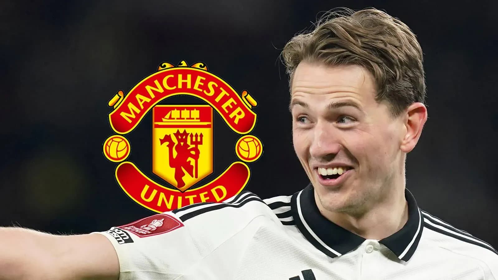 Player celebrating with Manchester United logo in background Player celebrating with Manchester United logo in background