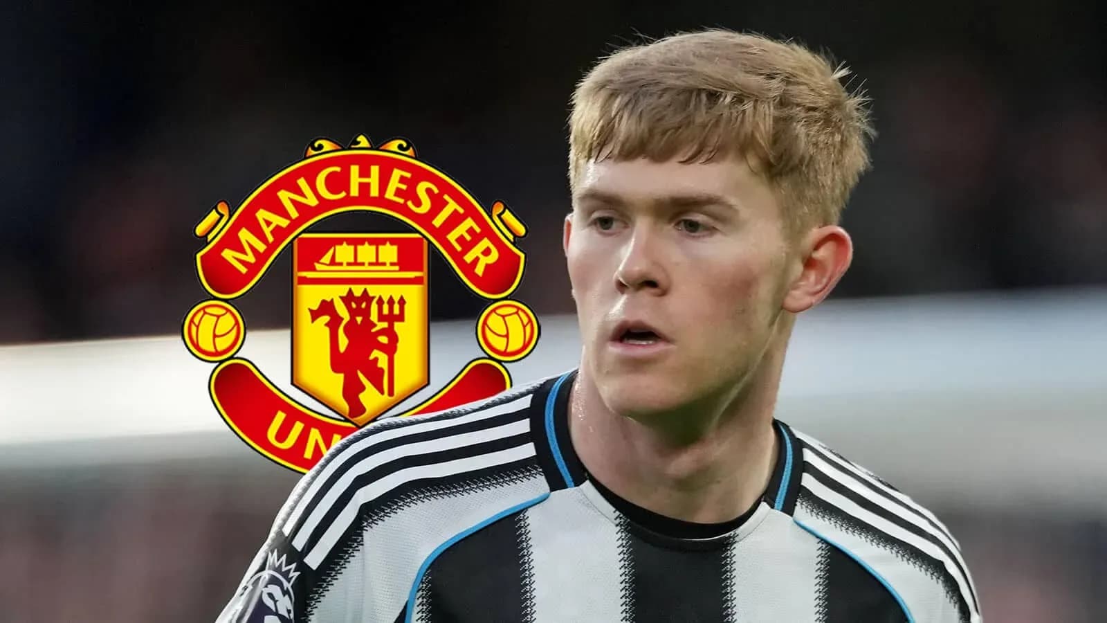 Player in Newcastle kit with Manchester United logo behind Player in Newcastle kit with Manchester United logo behind