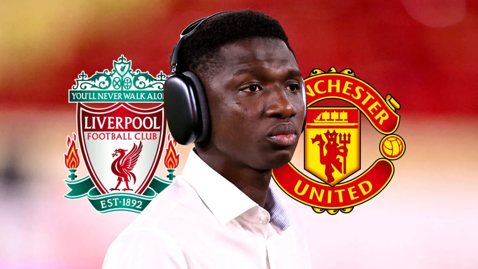 Player wearing headphones with club logos in background Player wearing headphones with club logos in background