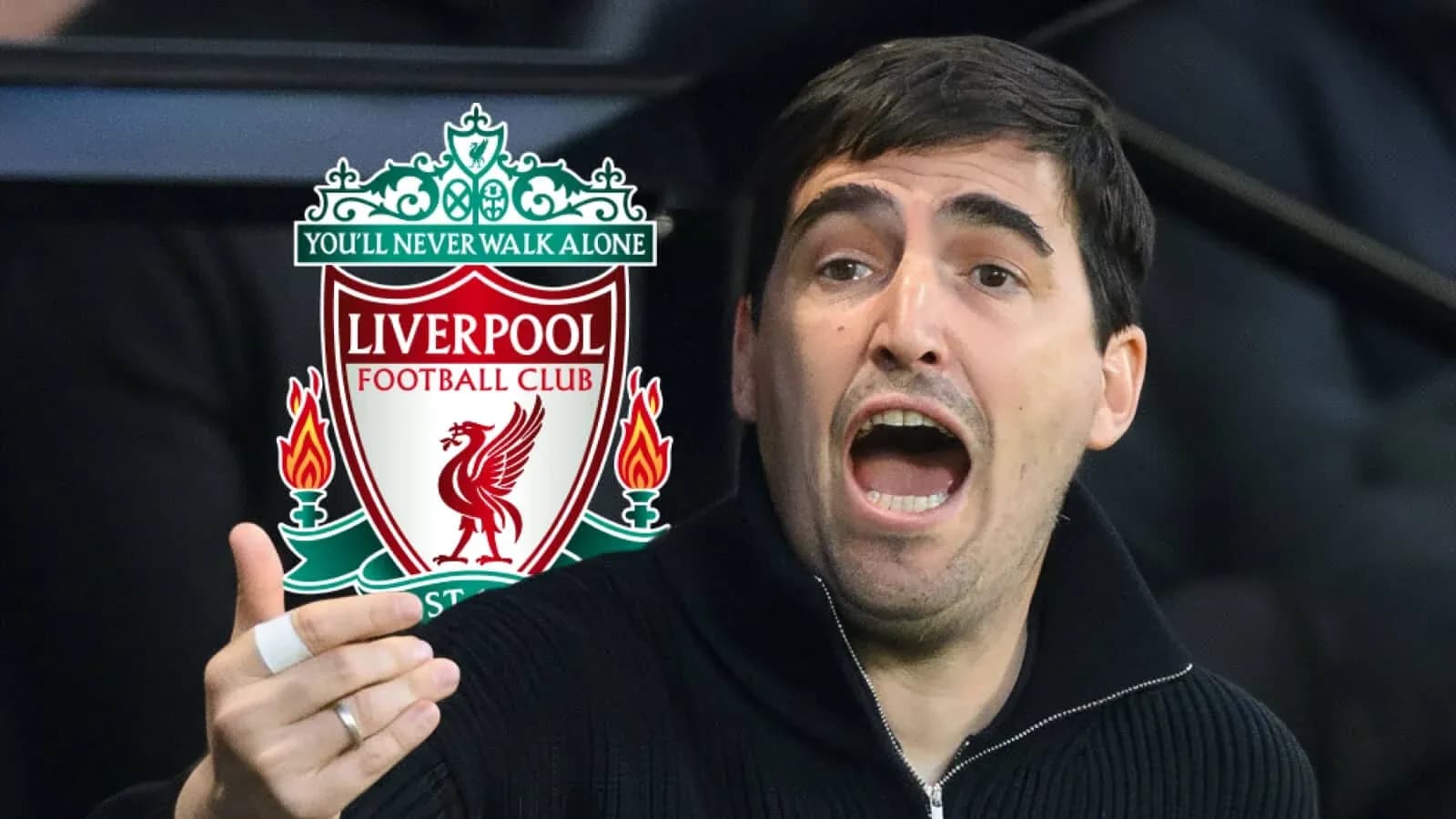 Coach gesturing passionately with Liverpool logo behind Coach gesturing passionately with Liverpool logo behind