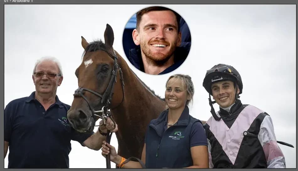 Team with horse posing for photo at racetrack Team with horse posing for photo at racetrack