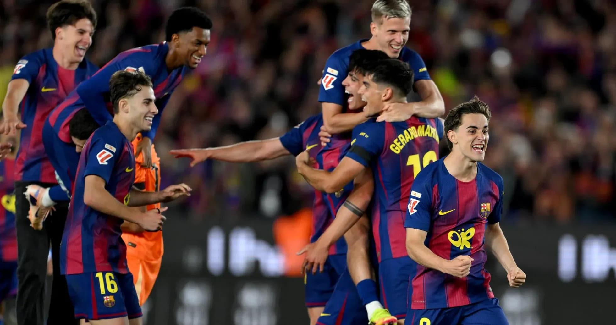 Barcelona players celebrating a goal during match Barcelona players celebrating a goal during match