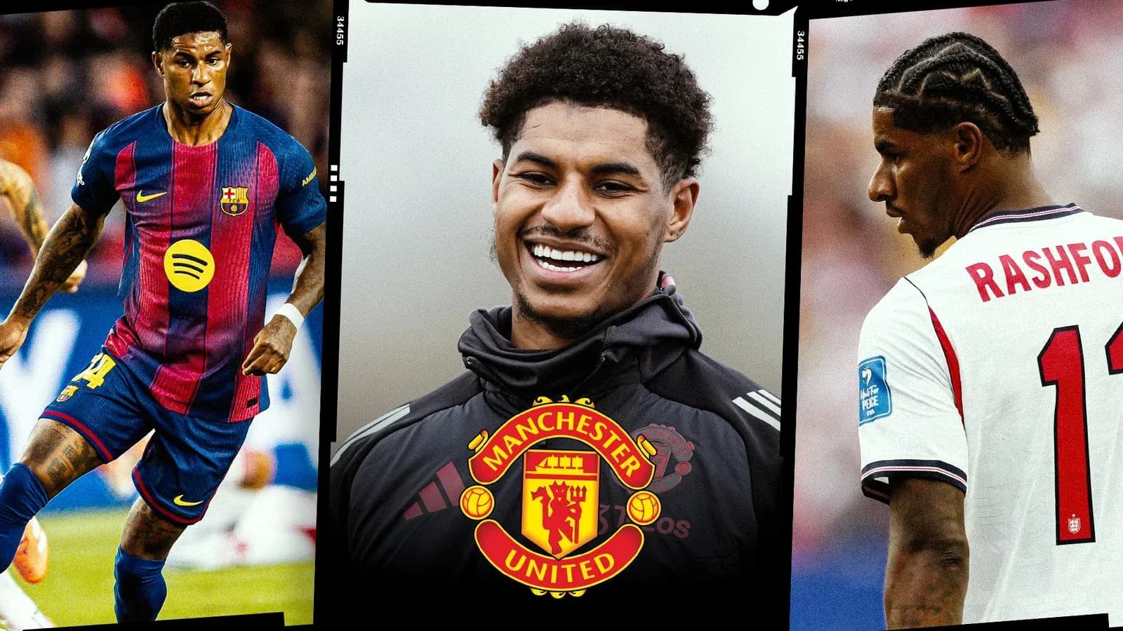 Three images of Marcus Rashford in different kits Three images of Marcus Rashford in different kits