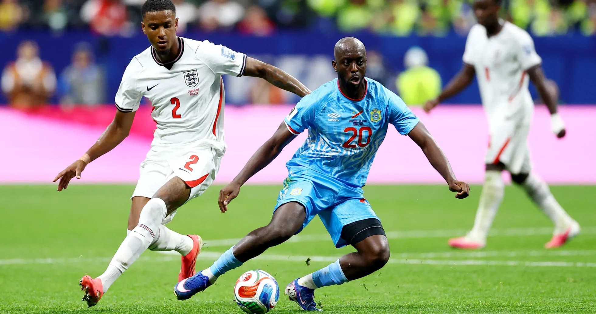 Player from England challenges Congo DR player Player from England challenges Congo DR player