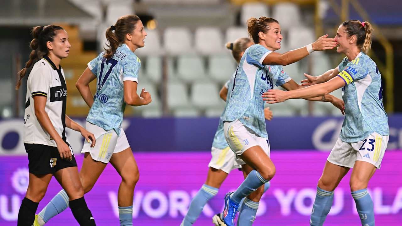 Juventus women celebrating a goal against Parma Juventus women celebrating a goal against Parma