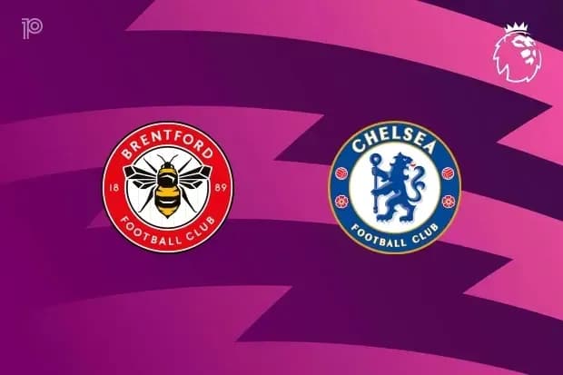 Brentford and Chelsea club logos on purple background Brentford and Chelsea club logos on purple background