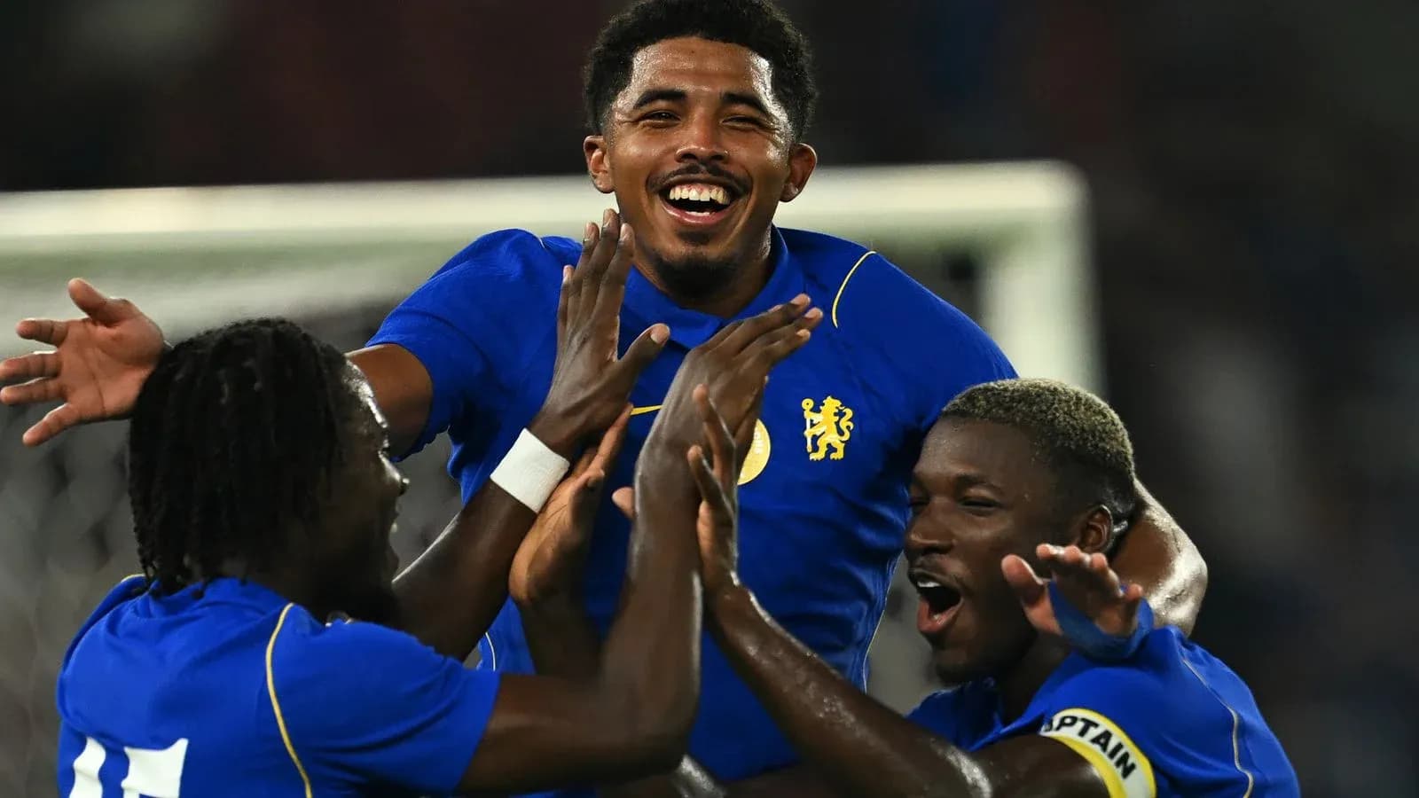 Chelsea players celebrating a goal during match Chelsea players celebrating a goal during match