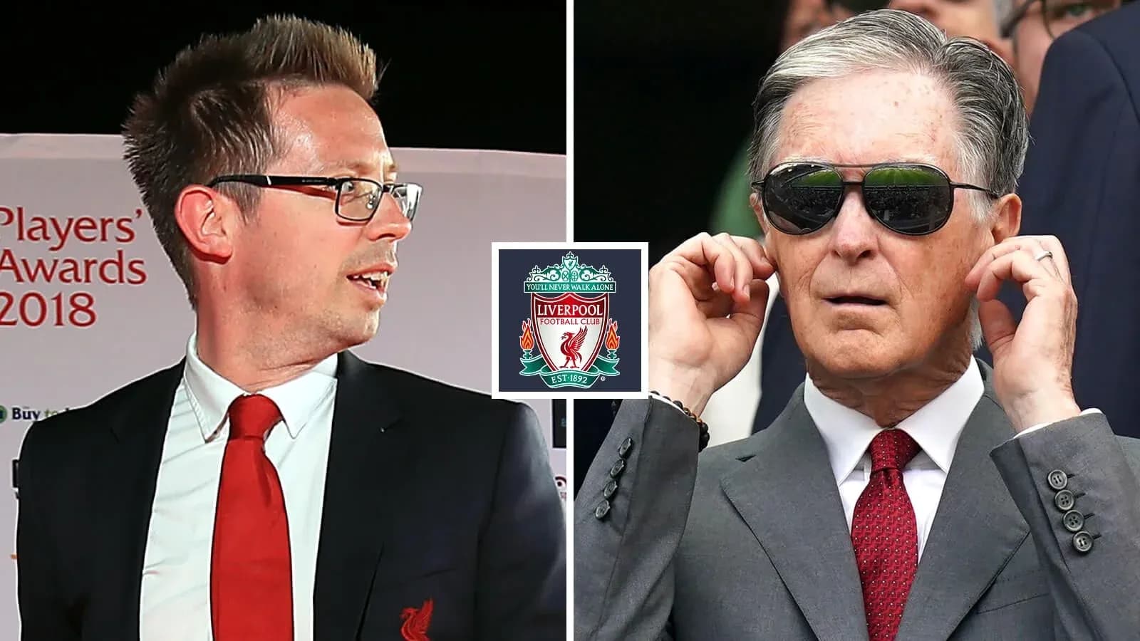 Two men at Liverpool event with club logo Two men at Liverpool event with club logo