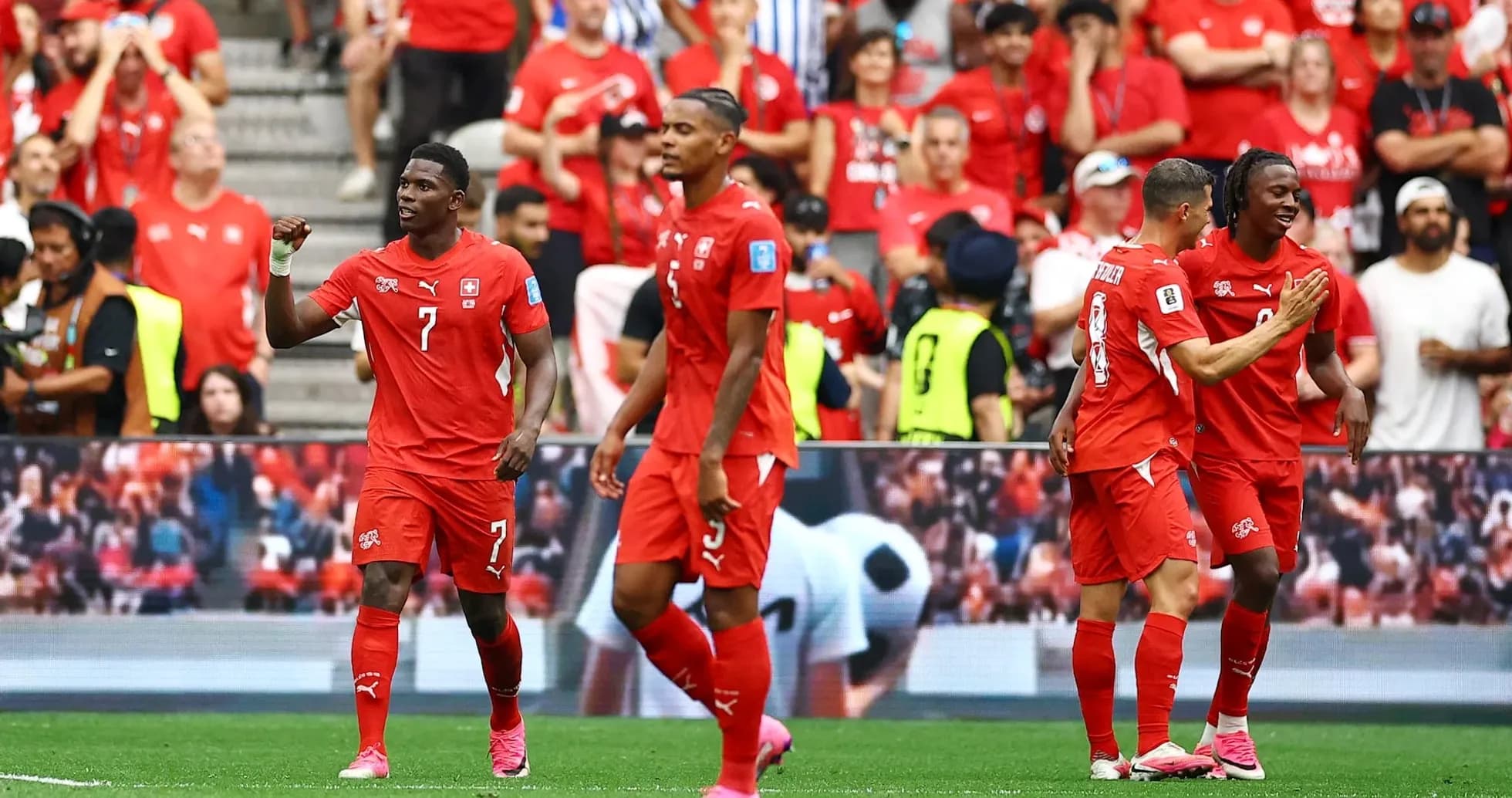Swiss players celebrating during World Cup match Swiss players celebrating during World Cup match