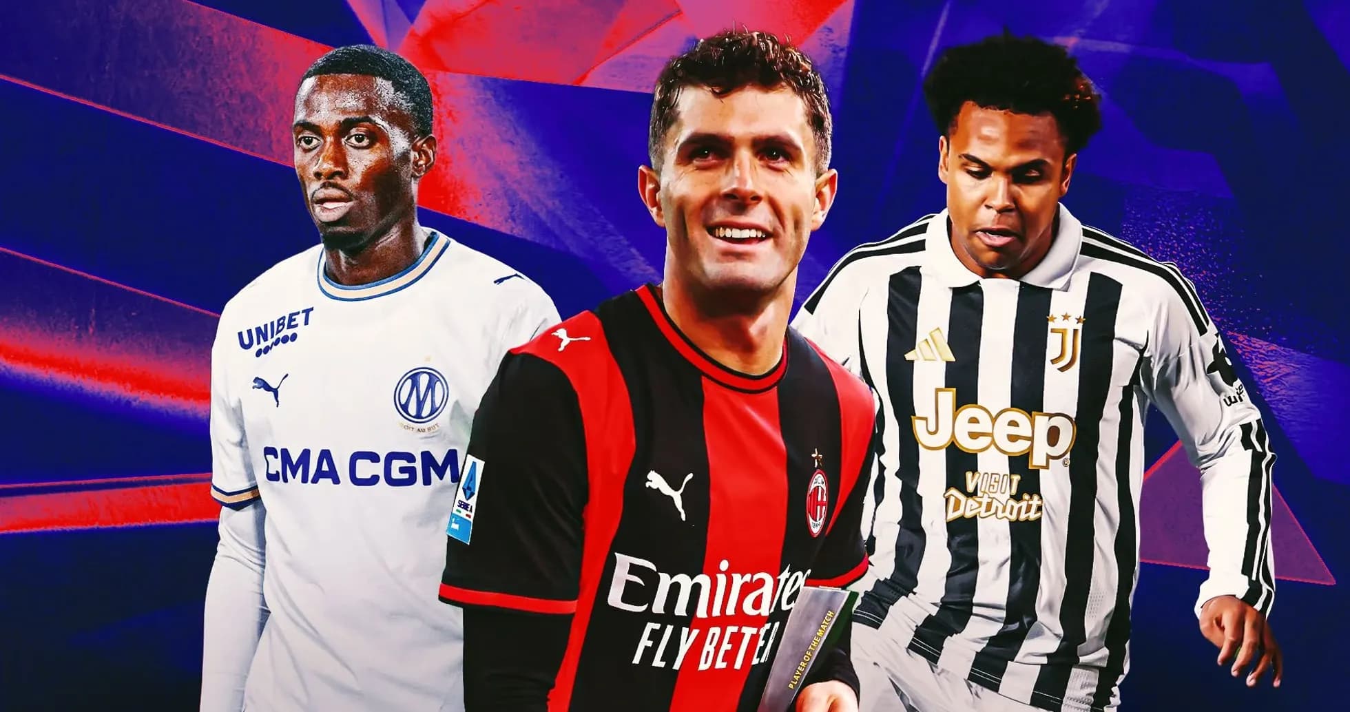Three football players in club jerseys on colorful background Three football players in club jerseys on colorful background