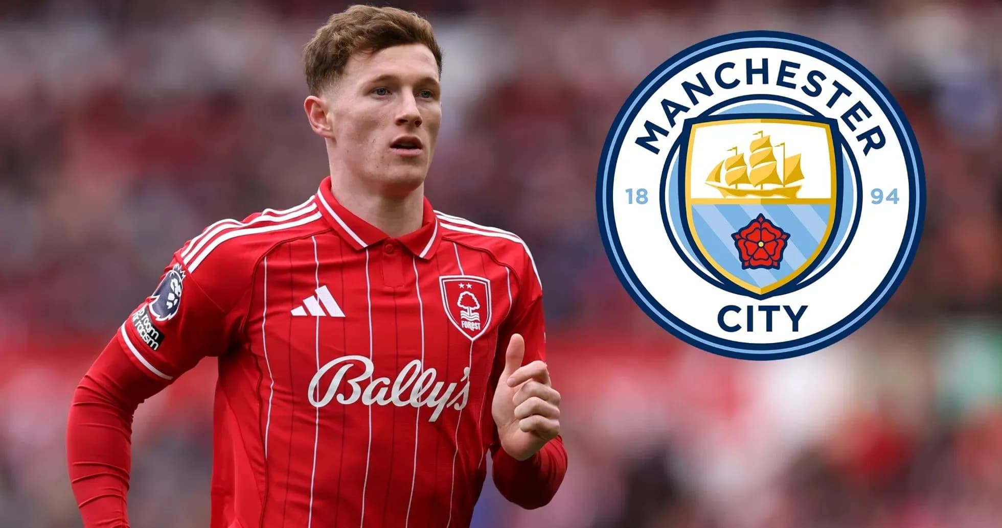 Player in red kit running with Manchester City logo Player in red kit running with Manchester City logo