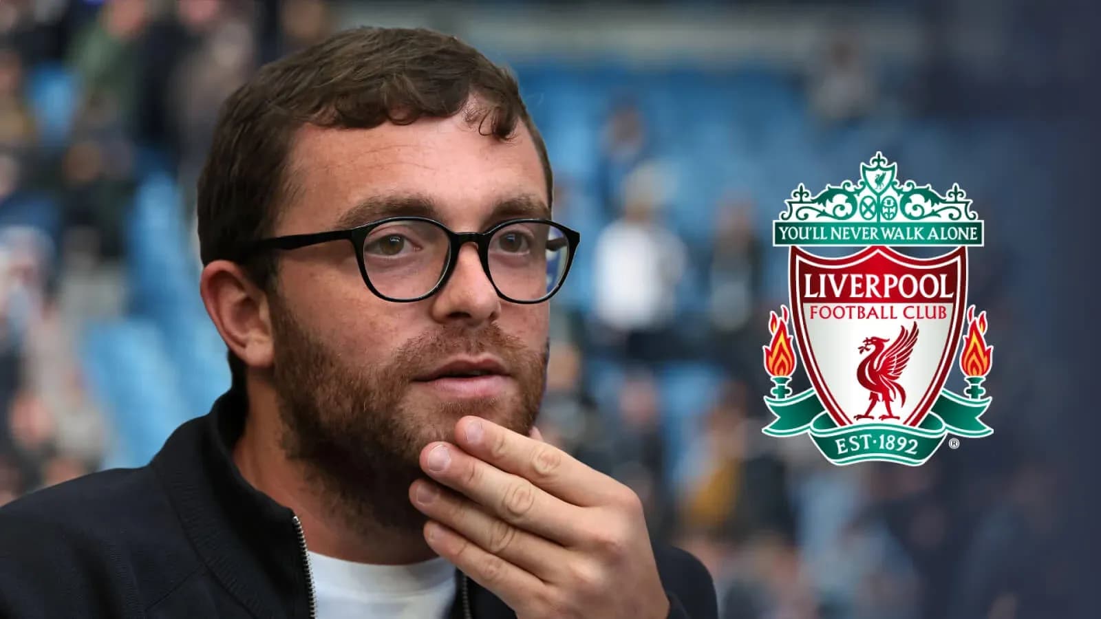 Person contemplating with Liverpool FC logo in background Person contemplating with Liverpool FC logo in background