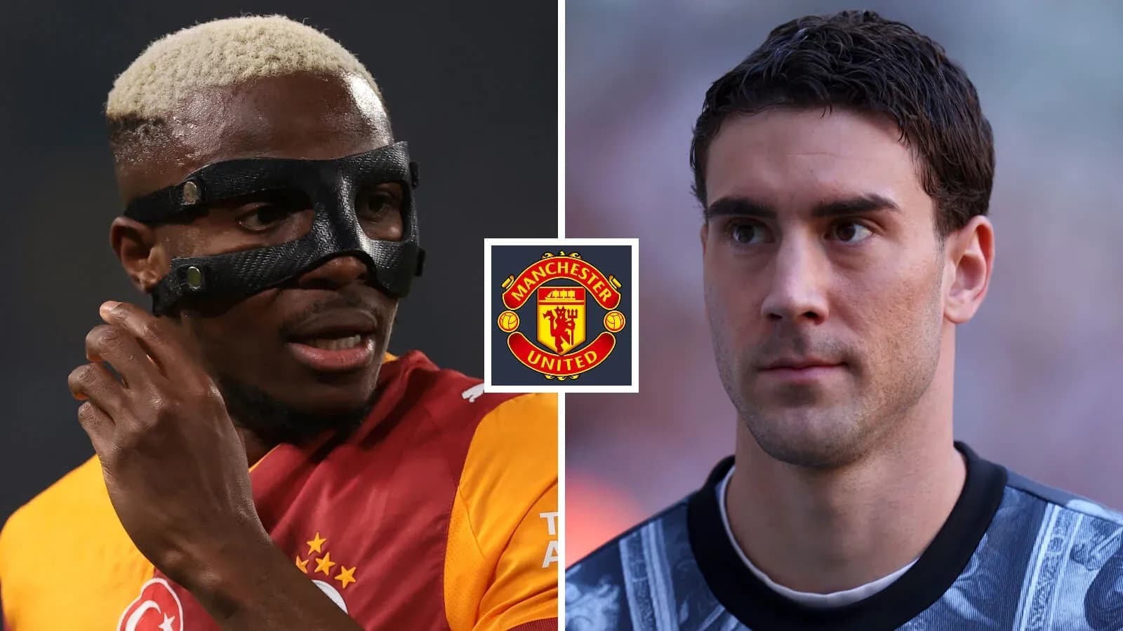 Two football players with Manchester United logo in center Two football players with Manchester United logo in center
