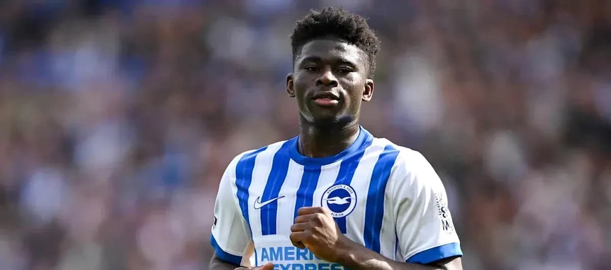 Player in Brighton & Hove Albion jersey on pitch Player in Brighton & Hove Albion jersey on pitch