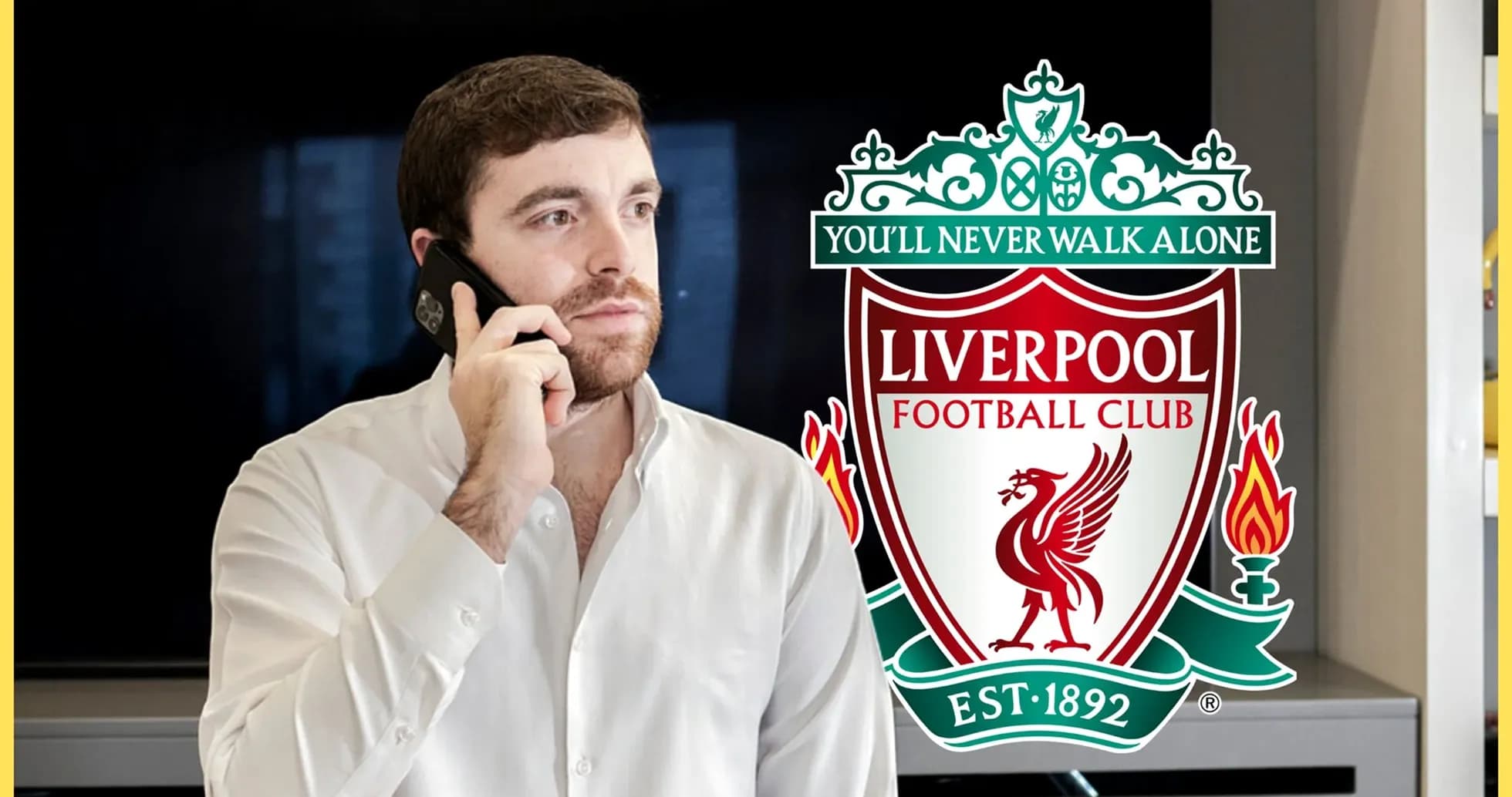 Person on phone with Liverpool FC logo in background Person on phone with Liverpool FC logo in background
