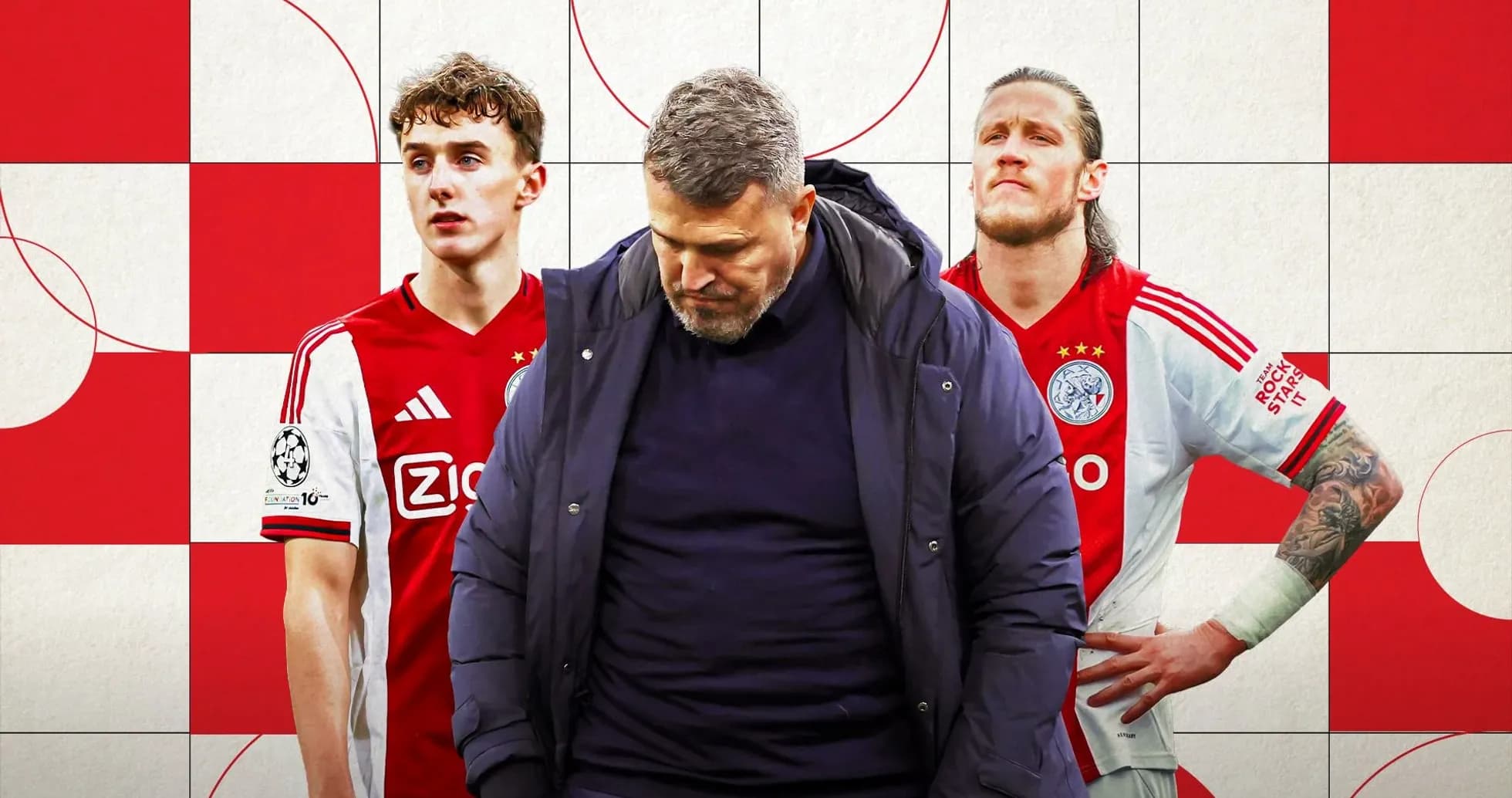 Ajax coach with two players in red jerseys Ajax coach with two players in red jerseys