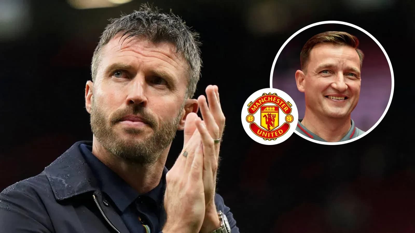 Manager applauding with Manchester United logo in background Manager applauding with Manchester United logo in background