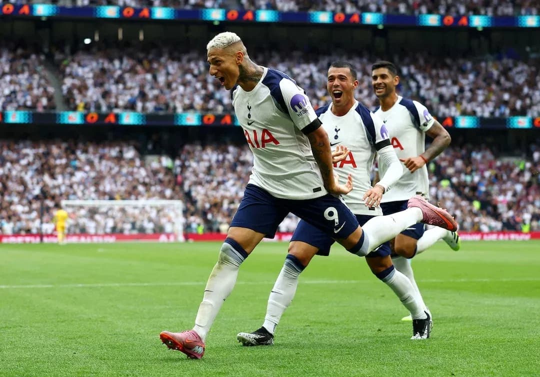 Tottenham players celebrating a goal during match Tottenham players celebrating a goal during match