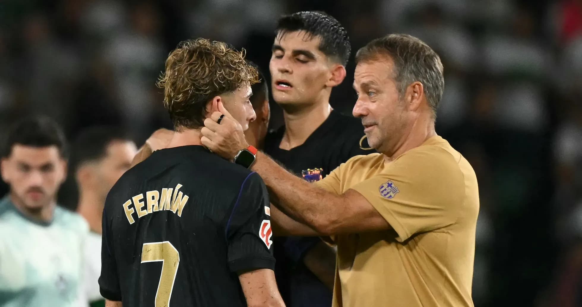 Coach speaking to player Fermín after match Coach speaking to player Fermín after match