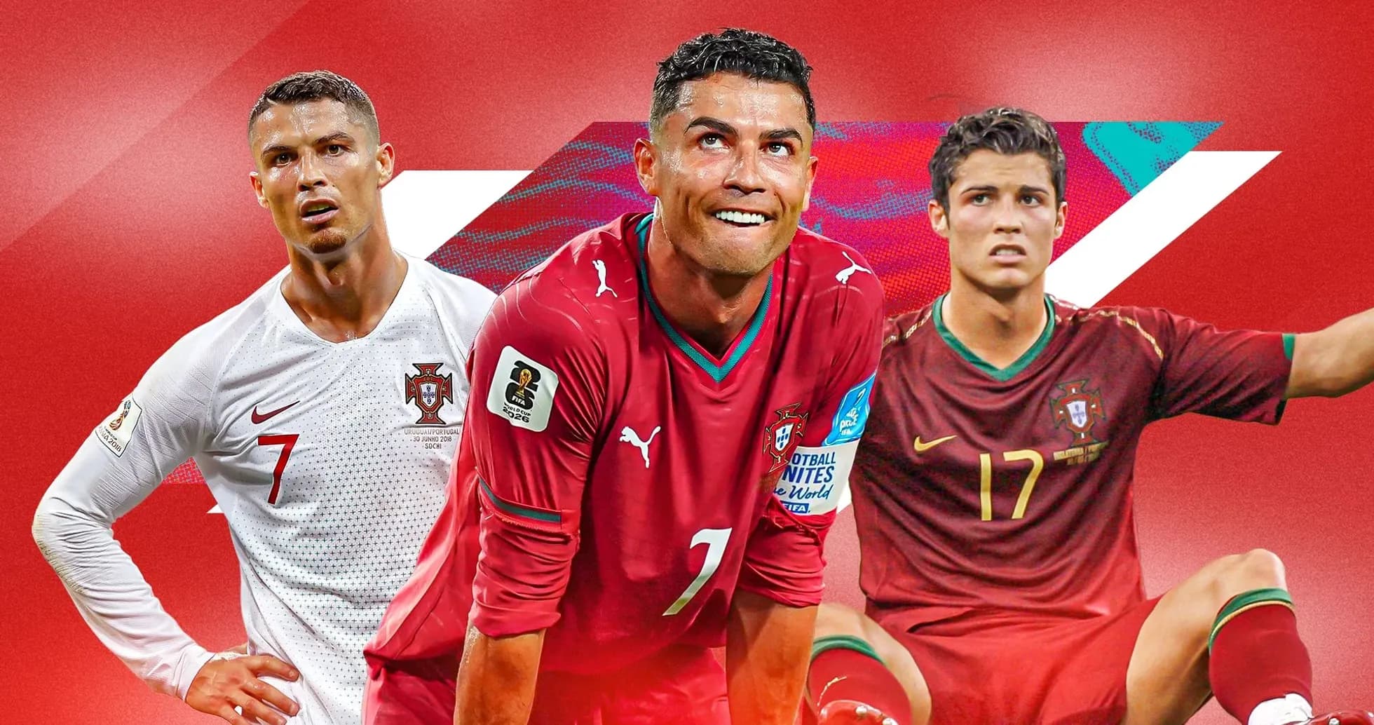 Three football players in Portugal kits on red background Three football players in Portugal kits on red background