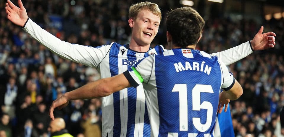 Real Sociedad players celebrating a goal Real Sociedad players celebrating a goal