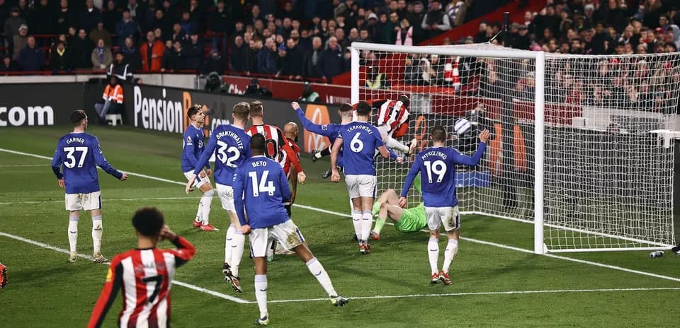 Brentford players celebrating a goal against Everton Brentford players celebrating a goal against Everton