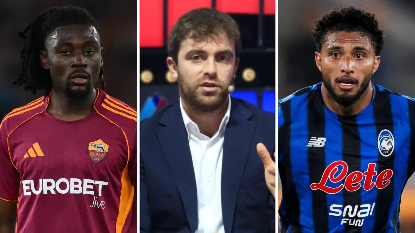 Three individuals: two football players and one presenter Three individuals: two football players and one presenter