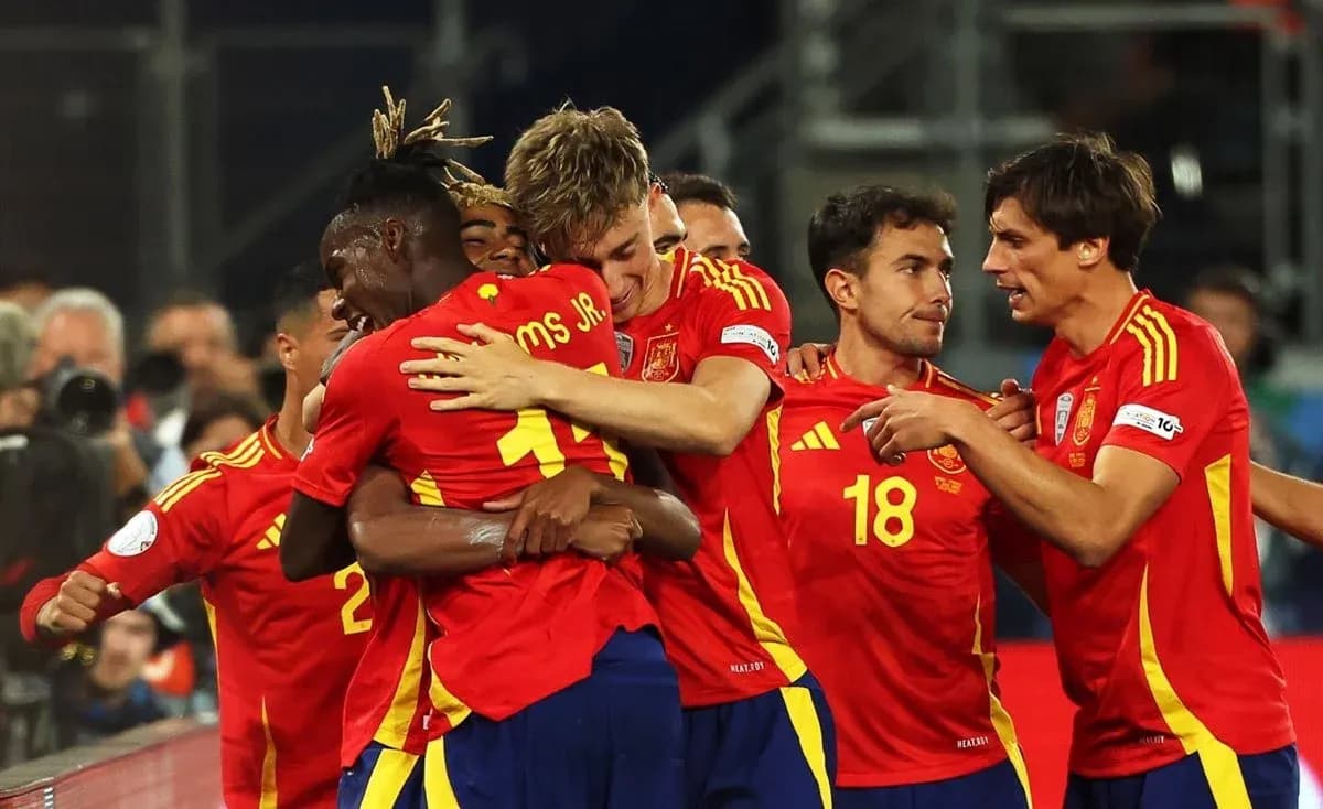 Spain players celebrating a goal during match Spain players celebrating a goal during match