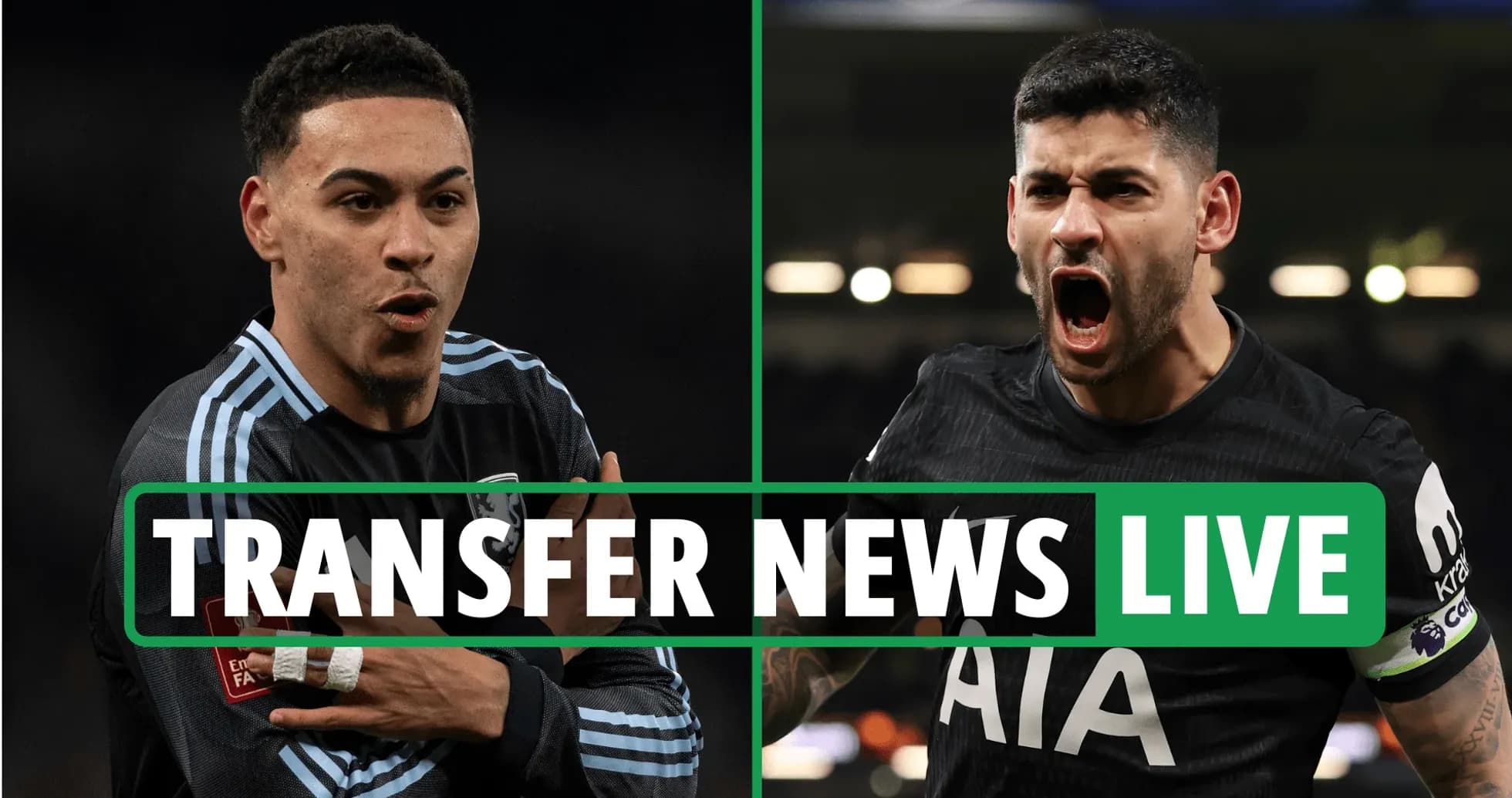 Two football players on screen with transfer news banner Two football players on screen with transfer news banner