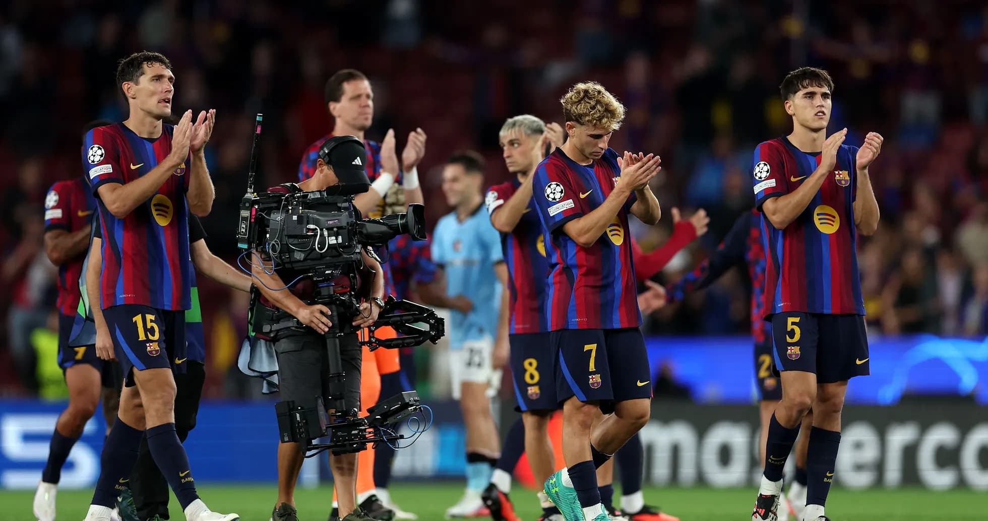 Barcelona players applauding fans after match Barcelona players applauding fans after match