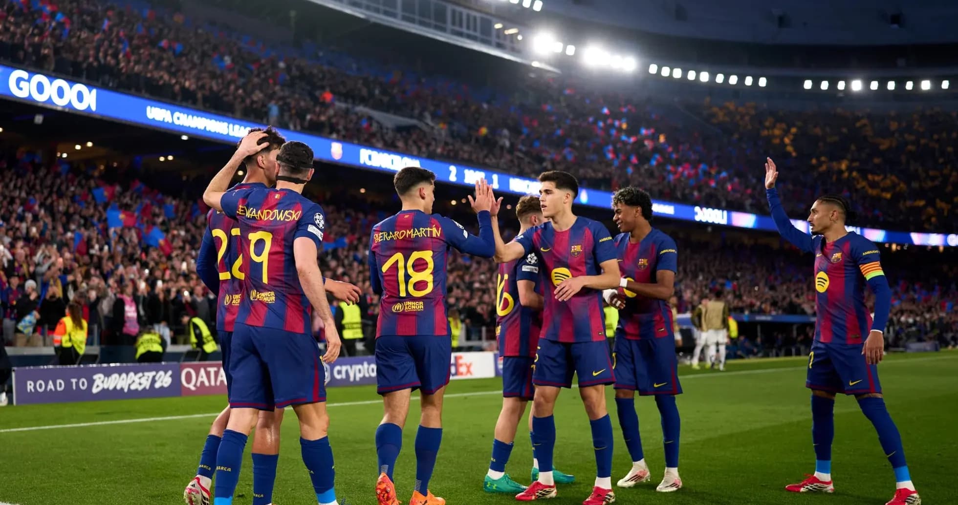 Barcelona players celebrating a goal during match Barcelona players celebrating a goal during match