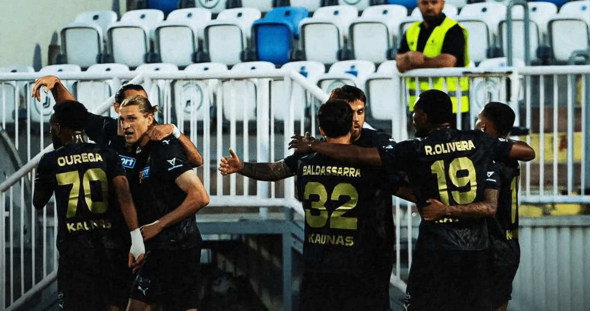 Players celebrating a goal for Kauno Žalgiris Players celebrating a goal for Kauno Žalgiris