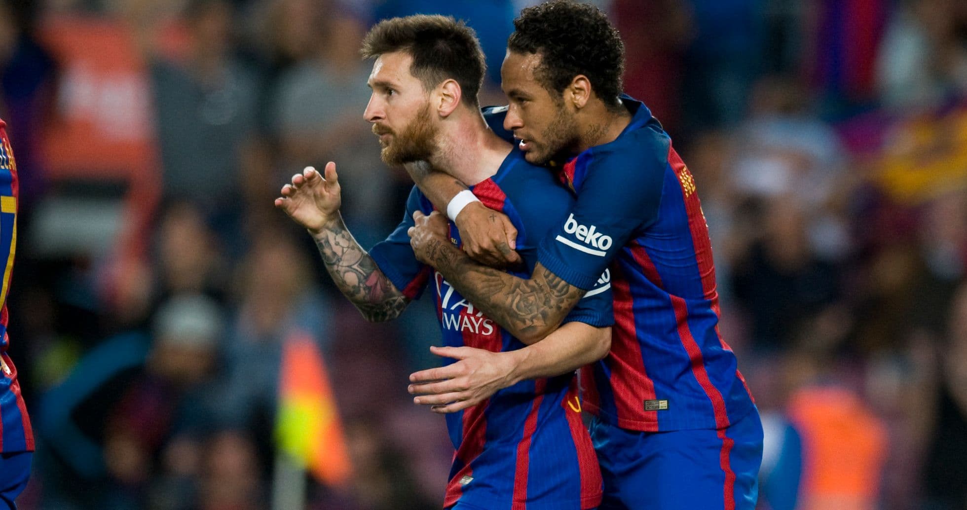 Messi and Neymar celebrating a goal together Messi and Neymar celebrating a goal together