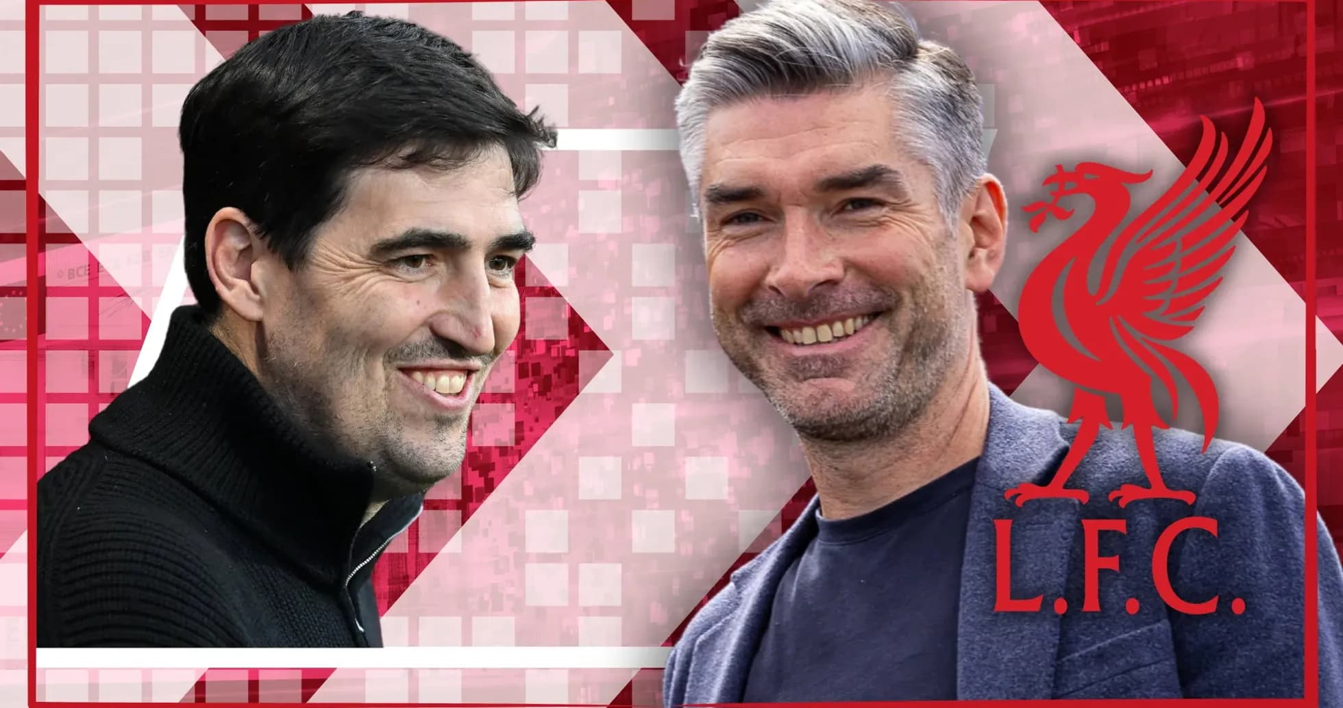 Two coaches smiling in front of Liverpool logo Two coaches smiling in front of Liverpool logo