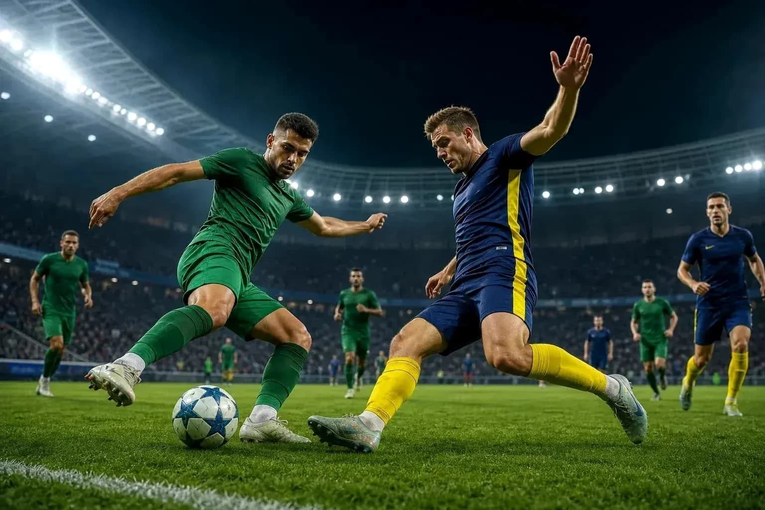 Hapoel Beer Sheva player tackling Vikingur Reykjavik opponent Hapoel Beer Sheva player tackling Vikingur Reykjavik opponent