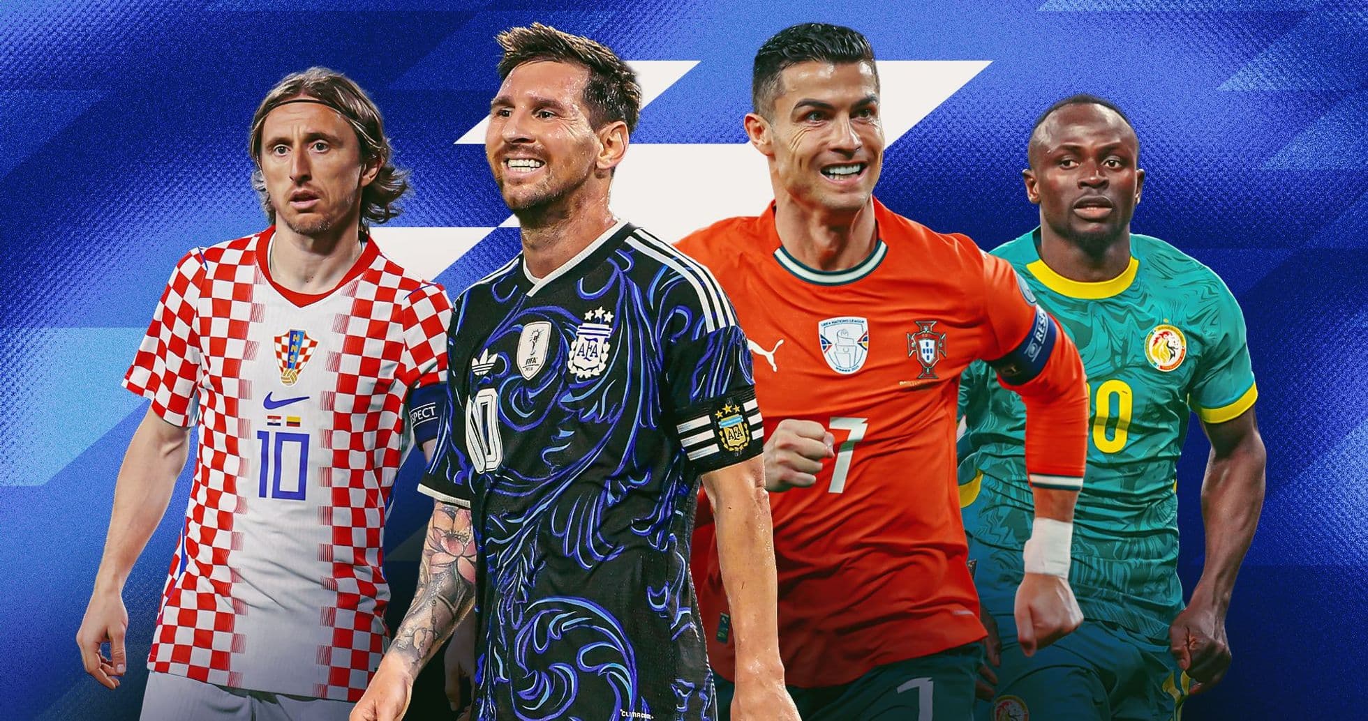Four football players in national team jerseys Four football players in national team jerseys
