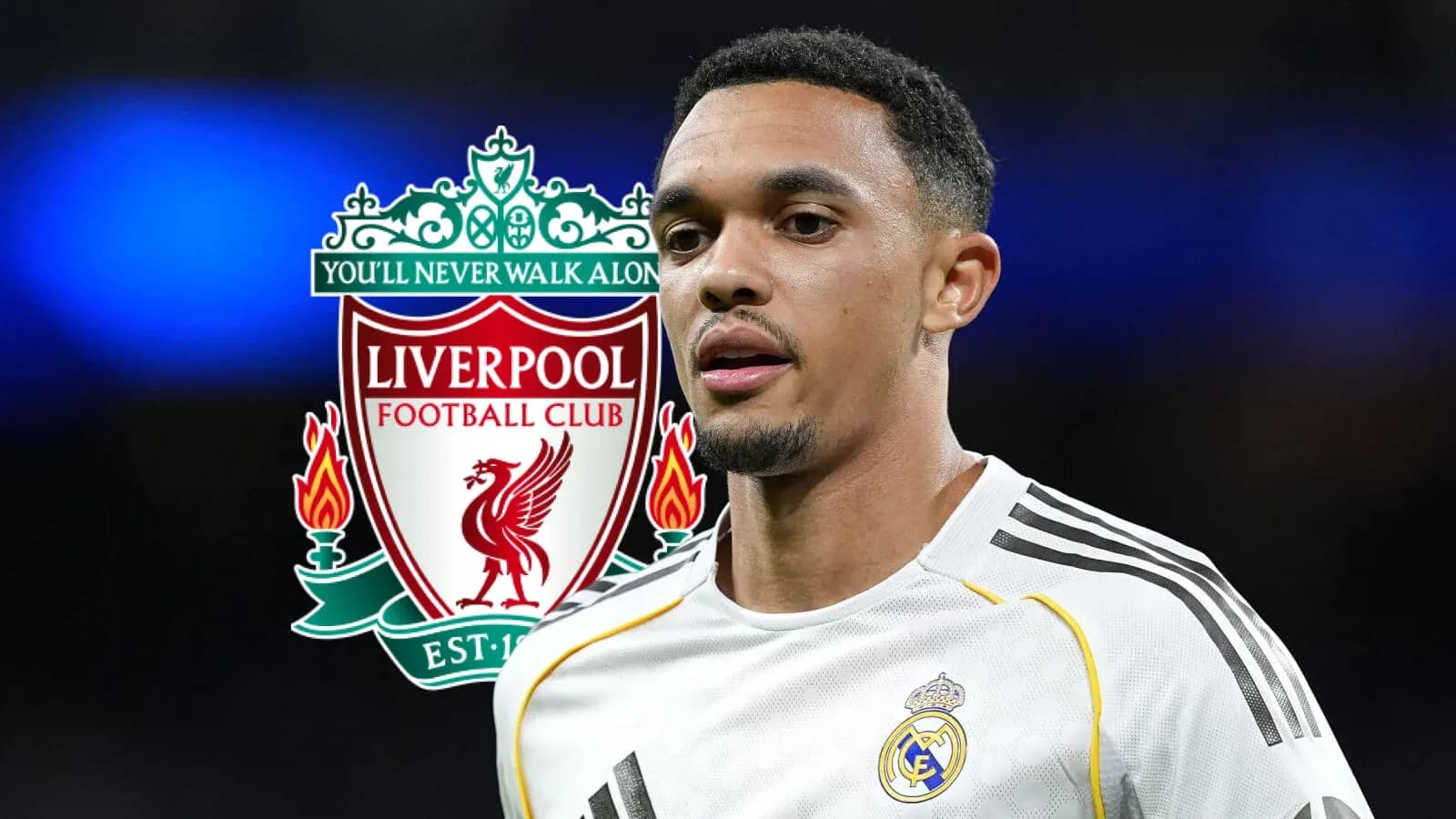 Player wearing Real Madrid kit with Liverpool logo in background Player wearing Real Madrid kit with Liverpool logo in background