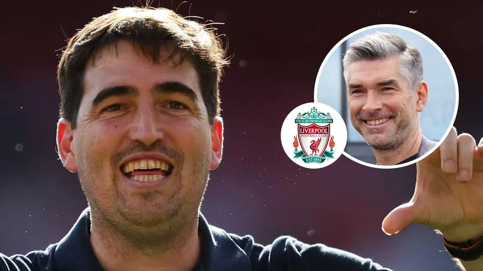 Coach celebrating with Liverpool FC logo in background Coach celebrating with Liverpool FC logo in background